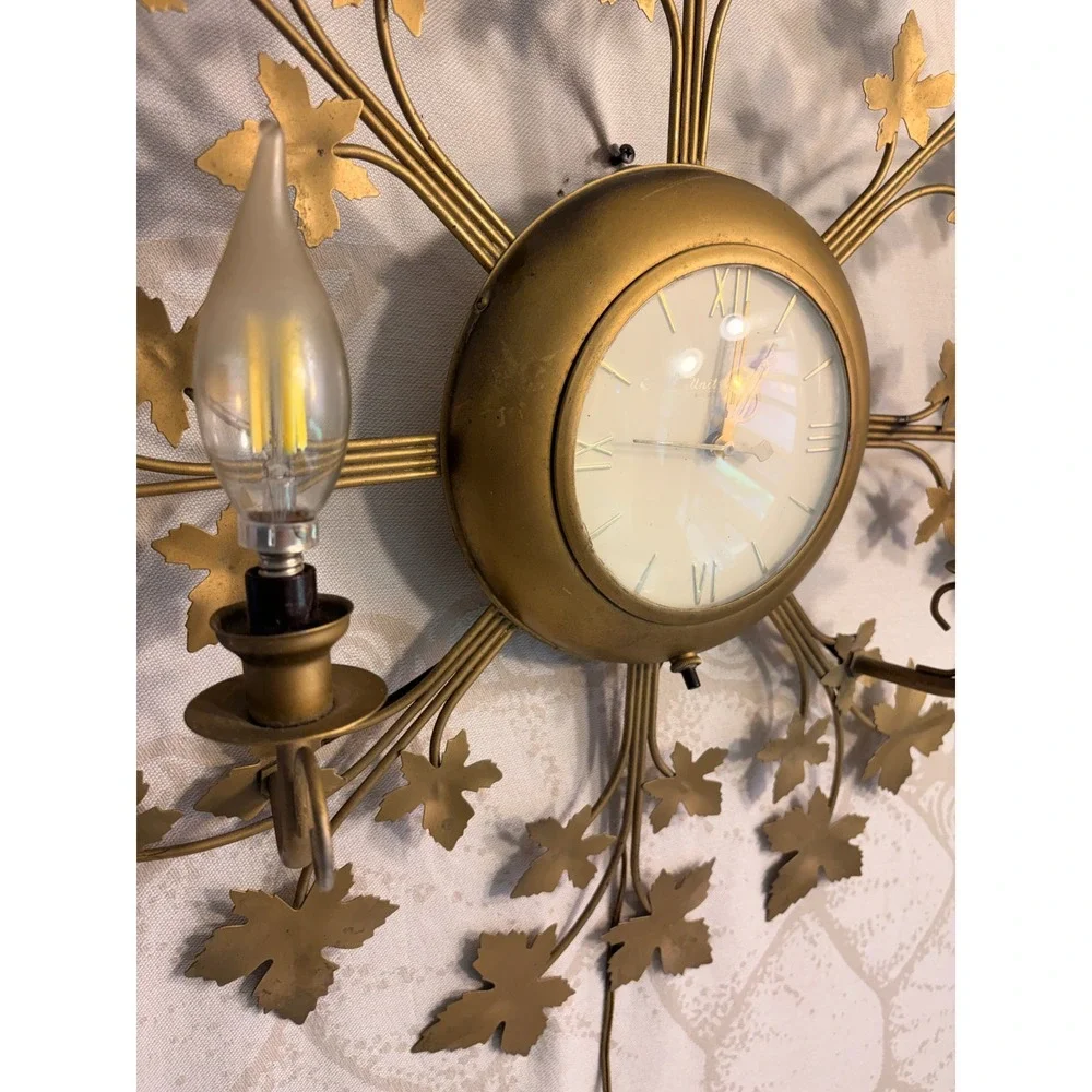Vintage United Clock Corp Gold Metal Maple Leaf Sunburst Wall Clock Sconce 324